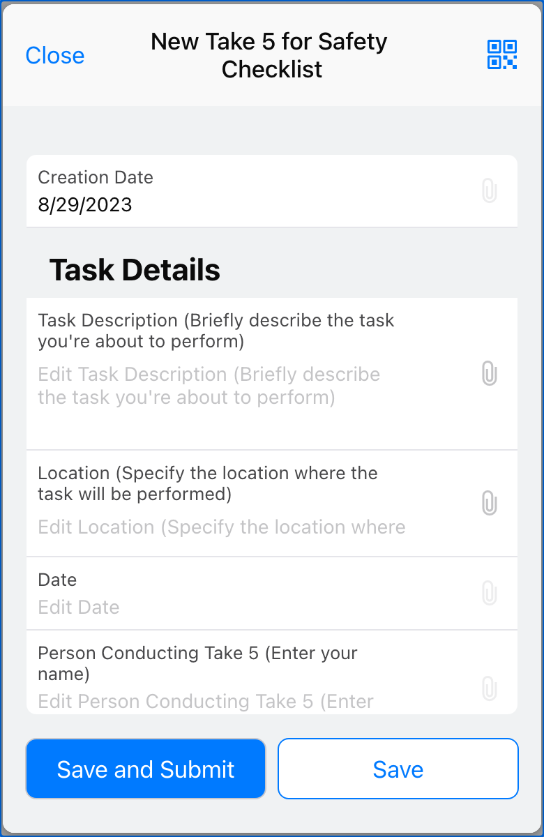 Image of a Take 5 for Safety Checklist form